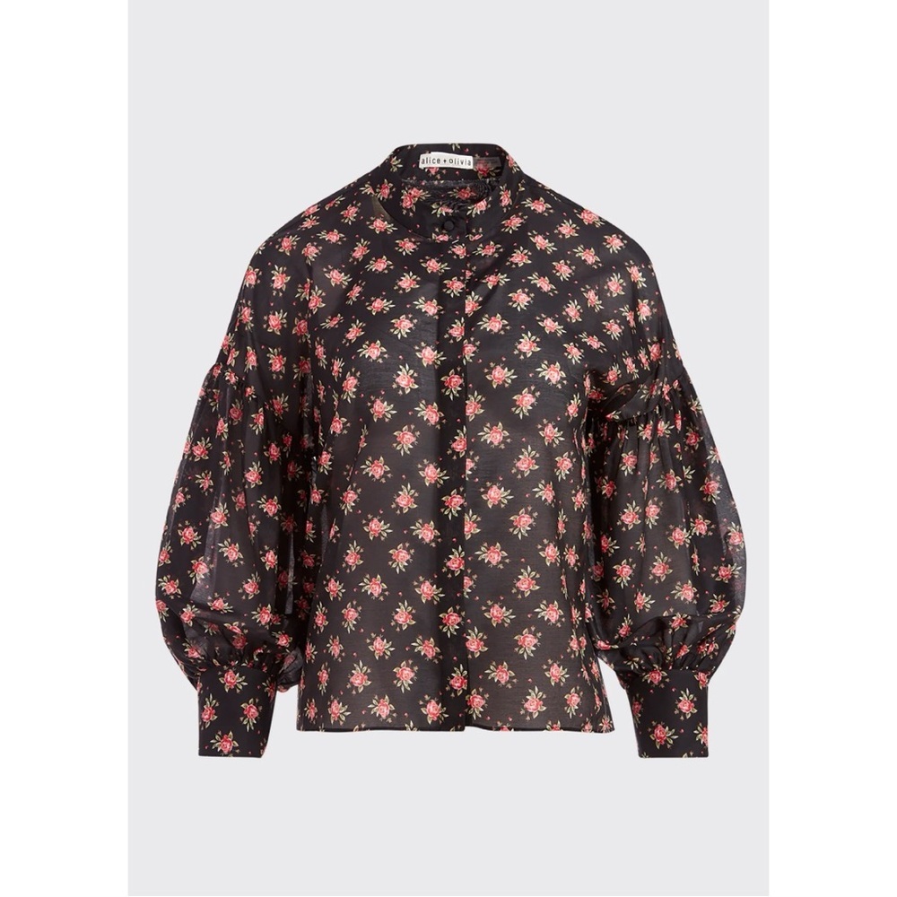 Alice + Olivia Paulita Top Med Black Pink Floral Cotton Silk Designer Feminine - Picture 4 of 12
